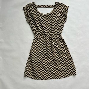 Charming Charlie Black and Tan Chevron Cap Sleeve Mini Dress with Pockets